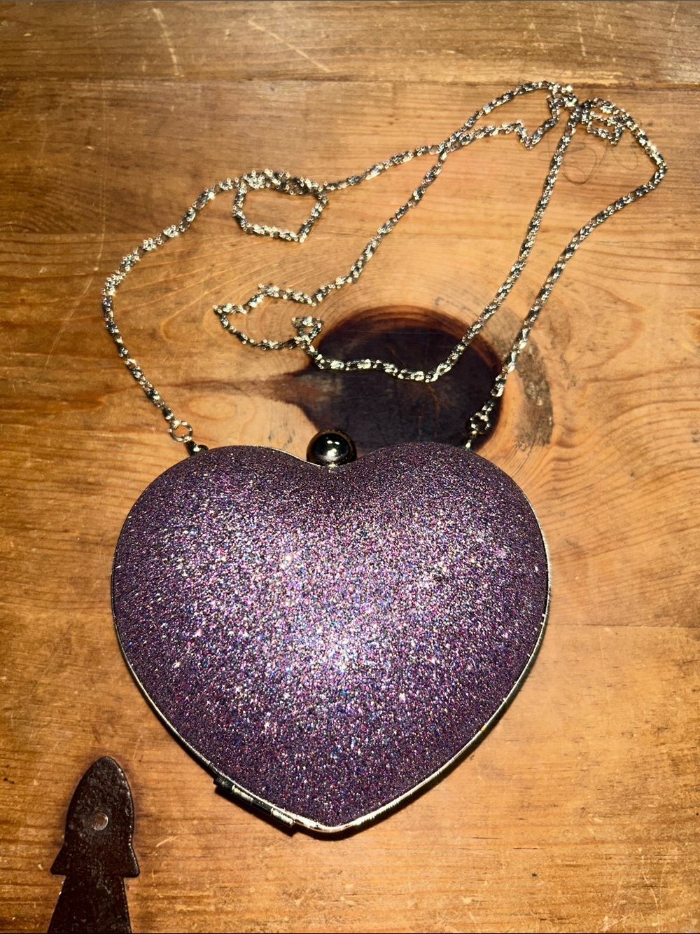 Purple Glitter Heart Clutch Crossbody Evening Bag Silver Chain Sparkly - Picture 4 of 5